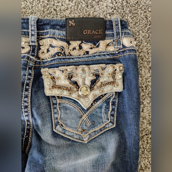 Grace In LA Jeans Sequin Slightly Distressed Boot Cut Blue Jeans Women's 27. - Picture 2 of 8